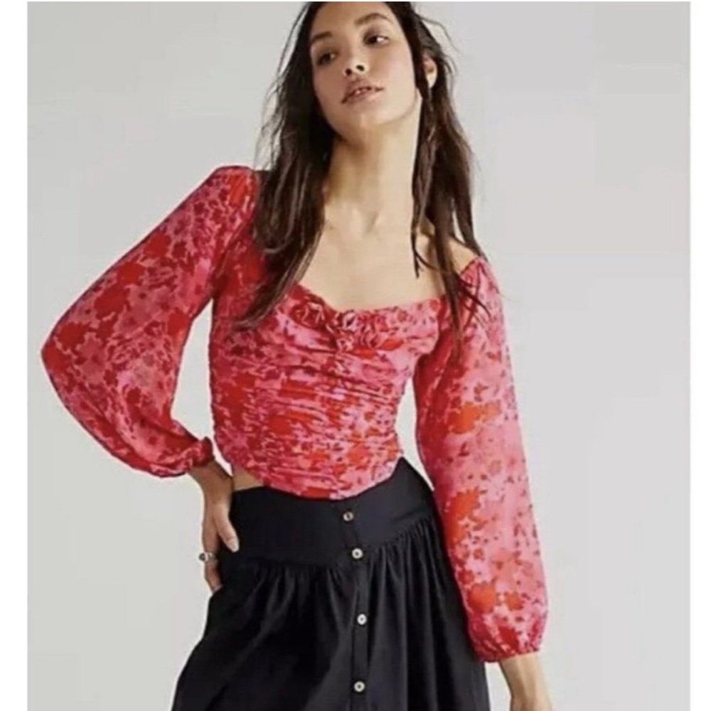 NWOT Free People Oh Lala Top, Pink & Roses - Picture 2 of 7